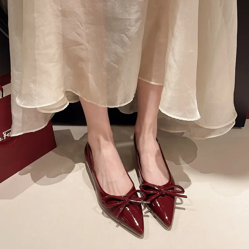 New French Bow Pointed Toe Single Shoes Fall New Fashion Shallow Mouth Cover Foot Soft Sole Inside Heightening Flats