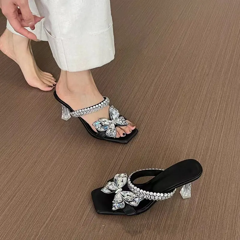 Fairy Square with Flip-flops Women's Fashion Square Head Sequined Butterfly Knot Foot Non-slip Wear Heels