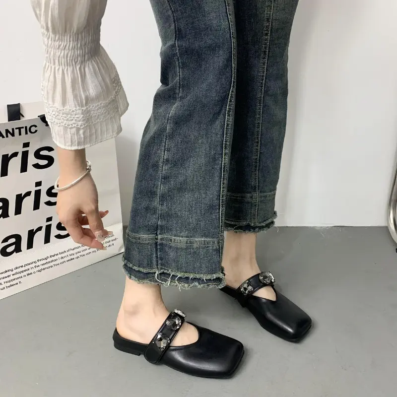 Baotou Semi-slippers Women's Summer New Flat Square Toe Pumps Women's Sequined Mary Jane Women's Shoes