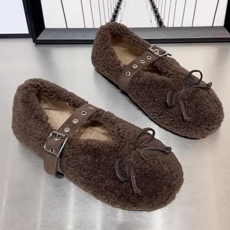 Women's Flat Shoes Winter New Round Head Shallow Mouth Butterfly Knot Soft Sole Anti-slip Wear-resistant Low-top Shoes