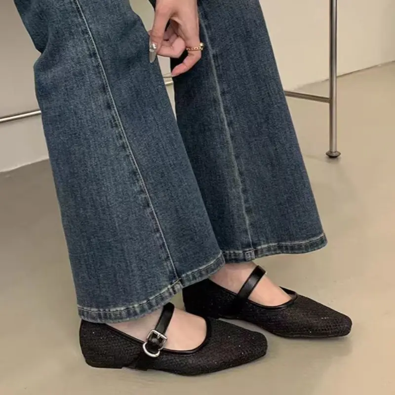 Summer New Style Flat Shoes for Women Square Head Shallow Mouth Mesh Cloth Soft Sole Anti-slip Wear-resistant Single Shoes
