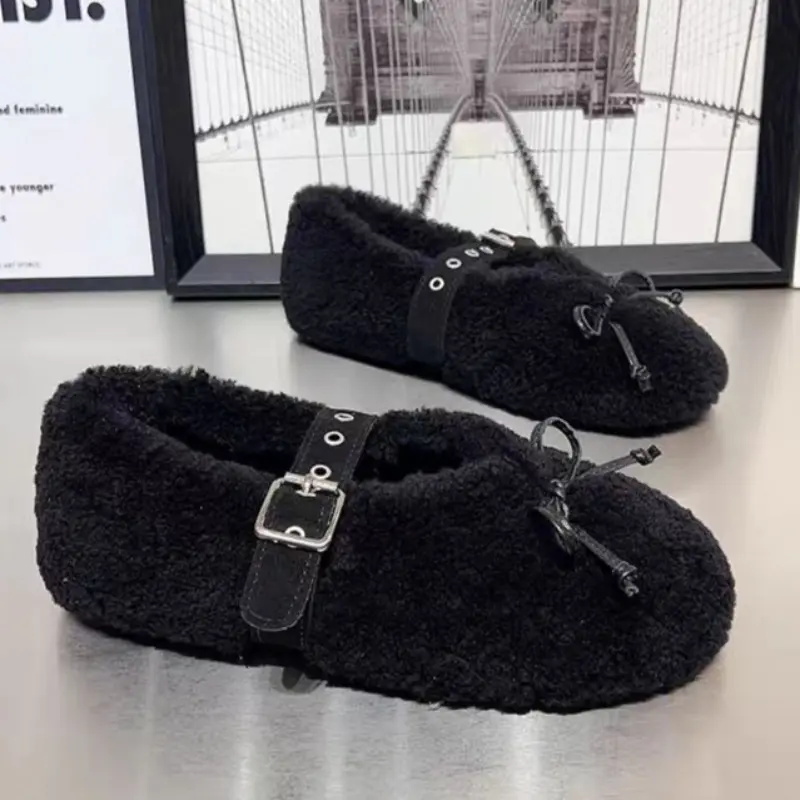 Women's Flat Shoes Winter New Round Head Shallow Mouth Butterfly Knot Soft Sole Anti-slip Wear-resistant Low-top Shoes
