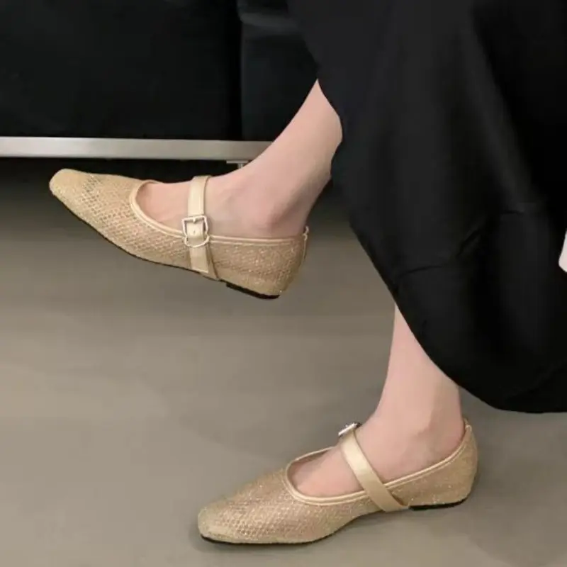Summer New Style Flat Shoes for Women Square Head Shallow Mouth Mesh Cloth Soft Sole Anti-slip Wear-resistant Single Shoes