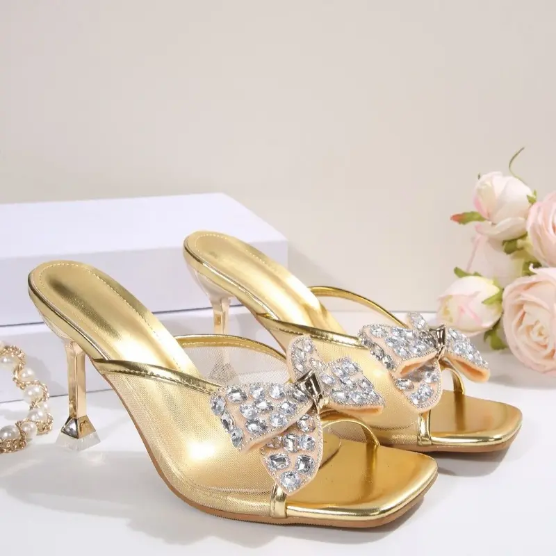 Women's Sandals Rhinestone Bow Clear Mesh Breathable Open Toe Summer New Square Toe Fashion High Heel Slippers