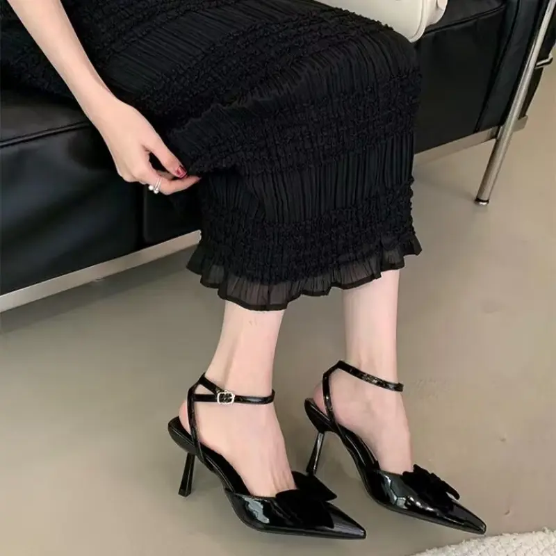 Summer New Sandals Women Fashion Pointy Head Shallow Mouth Butterfly Knot Cross Strap Anti-slip Wear-resistant High Heels