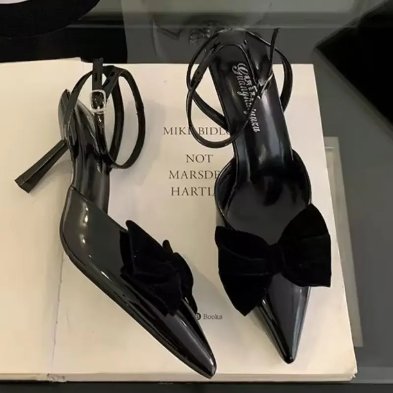 Summer New Sandals Women Fashion Pointy Head Shallow Mouth Butterfly Knot Cross Strap Anti-slip Wear-resistant High Heels