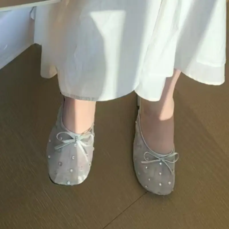 Low Heels Women's Fashion Round Head Shallow Mouth Crystal Mesh Butterfly Knot Soft Sole Anti-slip Wear-resistant Slippers