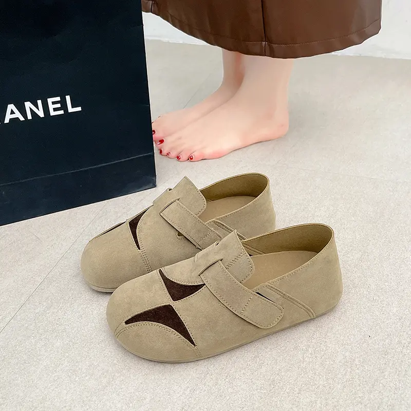 Women's Fashion Flat Shoes Spring New Round Head Deep Mouth Suede Splicing Soft Sole Non-slip Low Top Shoes
