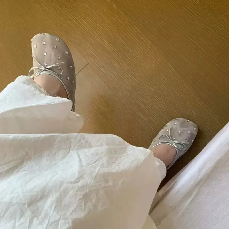 Low Heels Women's Fashion Round Head Shallow Mouth Crystal Mesh Butterfly Knot Soft Sole Anti-slip Wear-resistant Slippers