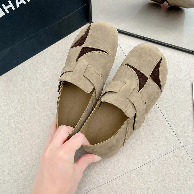 Women's Fashion Flat Shoes Spring New Round Head Deep Mouth Suede Splicing Soft Sole Non-slip Low Top Shoes