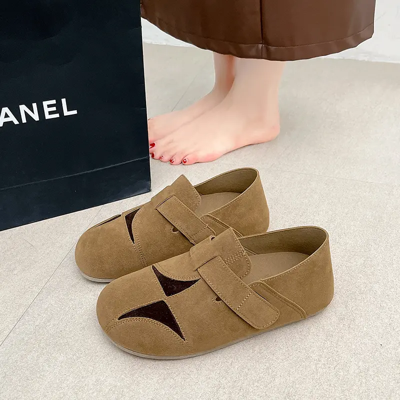 Women's Fashion Flat Shoes Spring New Round Head Deep Mouth Suede Splicing Soft Sole Non-slip Low Top Shoes