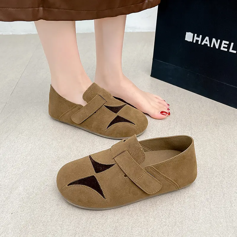 Women's Fashion Flat Shoes Spring New Round Head Deep Mouth Suede Splicing Soft Sole Non-slip Low Top Shoes