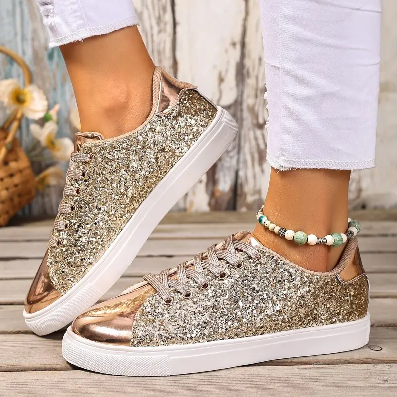Sequin Sneakers Fall Women's New Round Toe Deep Mouth Front Lace-Up Platform Non-Slip Low-Top Single
