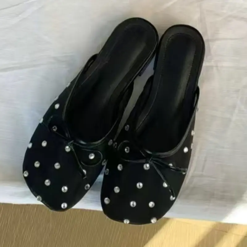 Low Heels Women's Fashion Round Head Shallow Mouth Crystal Mesh Butterfly Knot Soft Sole Anti-slip Wear-resistant Slippers