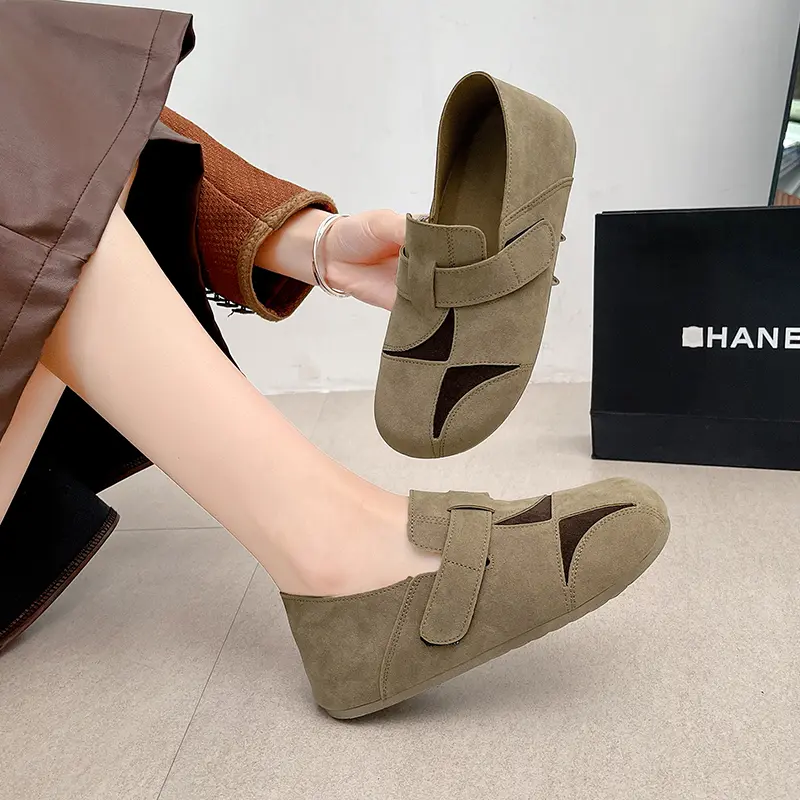 Women's Fashion Flat Shoes Spring New Round Head Deep Mouth Suede Splicing Soft Sole Non-slip Low Top Shoes