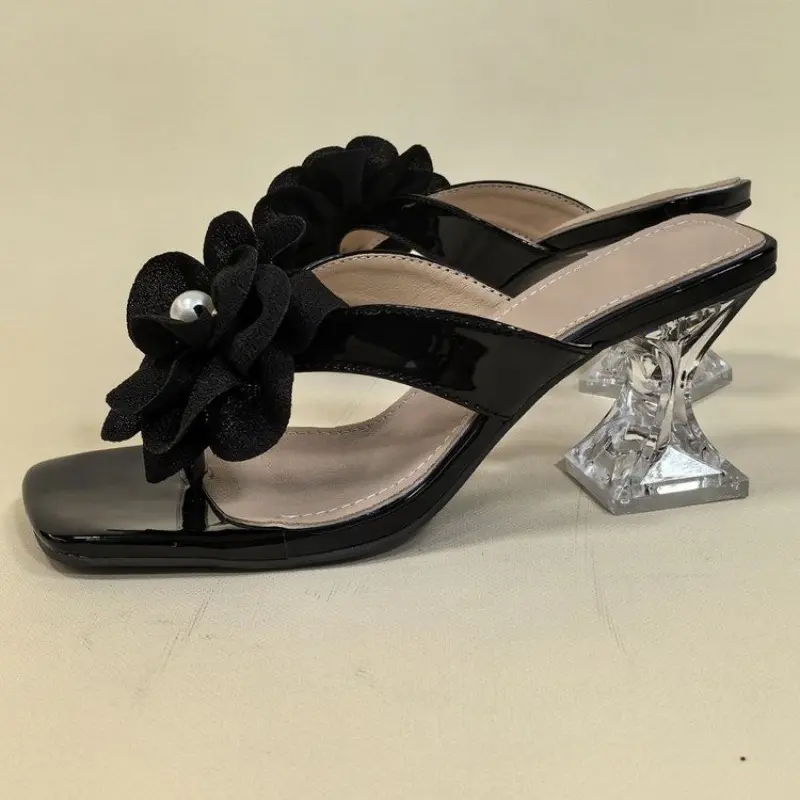 Women's Flower Clip Toe Square Open-heeled Sandals Summer New Anti-slip Wear-resistant High-heeled Flip-flops