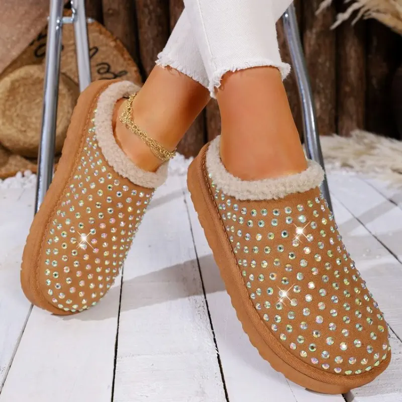 Rhinestone Velvet Bread Toe Cotton Boots Winter New Round Toe Deep Mouth Soft Sole Non-slip Wear-resistant Flat Snow Boots
