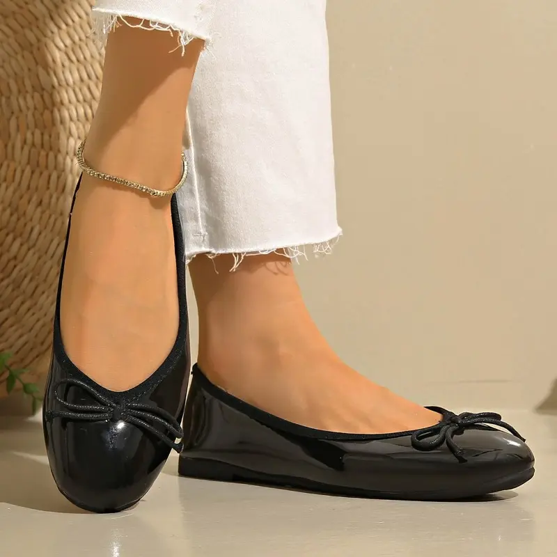 Simple Flat Single Shoes Women's Fashion Round Toe Light Mouth Patent Leather Bow Slip Soft Sole Non-Slip Low Top Shoes