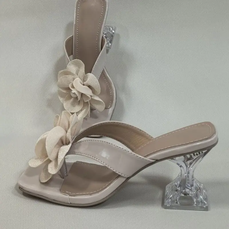 Women's Flower Clip Toe Square Open-heeled Sandals Summer New Anti-slip Wear-resistant High-heeled Flip-flops