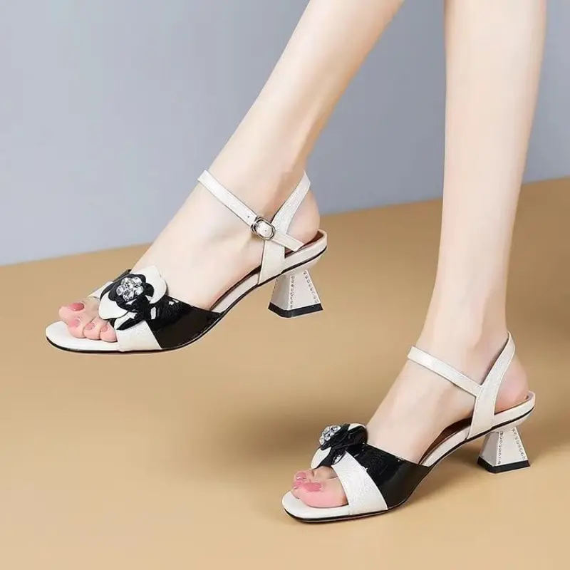 Crystal Square Heel Sandals Summer New Round Head Open Toe Color Flower Line with Anti-slip Wear-resistant Heel Shoes