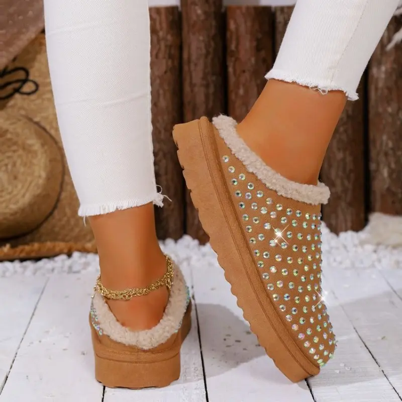 Rhinestone Velvet Bread Toe Cotton Boots Winter New Round Toe Deep Mouth Soft Sole Non-slip Wear-resistant Flat Snow Boots