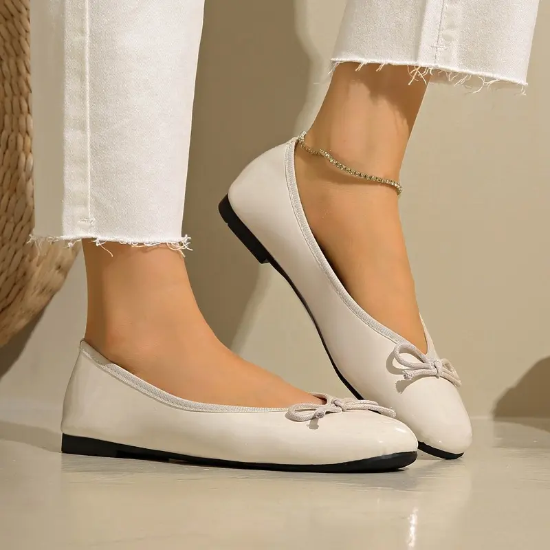 Simple Flat Single Shoes Women's Fashion Round Toe Light Mouth Patent Leather Bow Slip Soft Sole Non-Slip Low Top Shoes