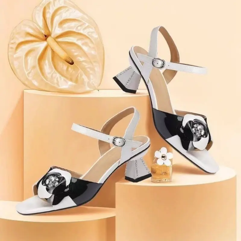 Crystal Square Heel Sandals Summer New Round Head Open Toe Color Flower Line with Anti-slip Wear-resistant Heel Shoes