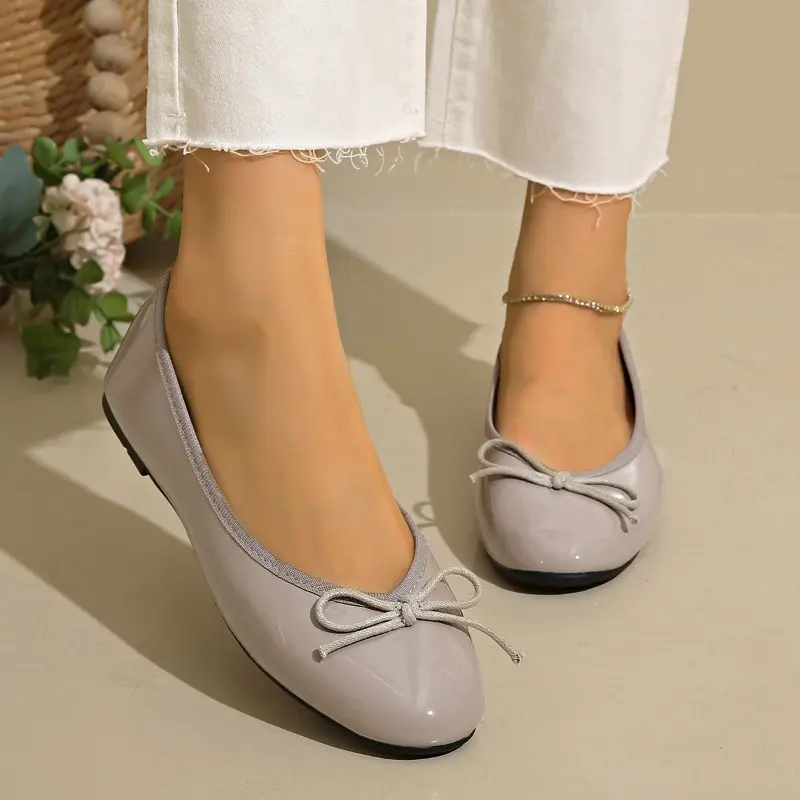 Simple Flat Single Shoes Women's Fashion Round Toe Light Mouth Patent Leather Bow Slip Soft Sole Non-Slip Low Top Shoes