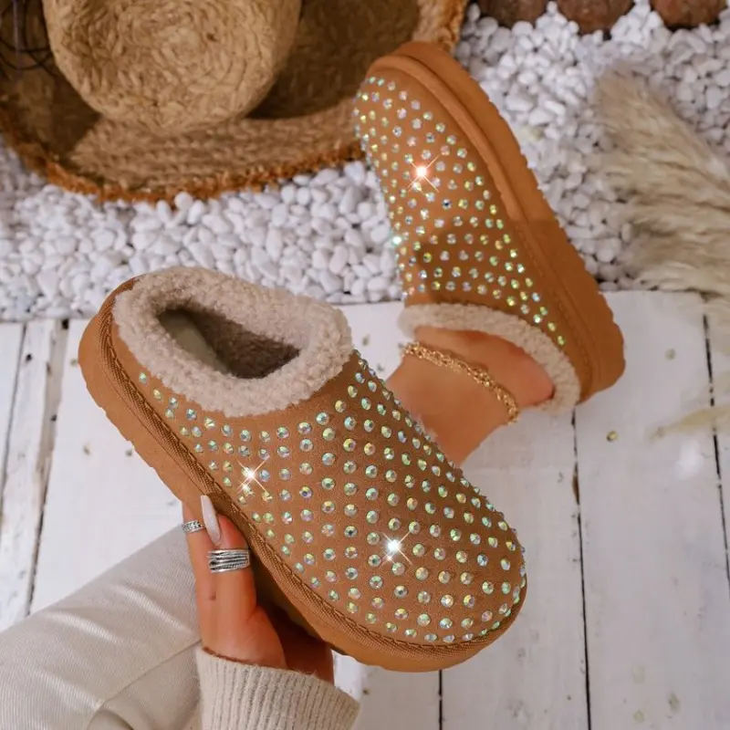 Rhinestone Velvet Bread Toe Cotton Boots Winter New Round Toe Deep Mouth Soft Sole Non-slip Wear-resistant Flat Snow Boots