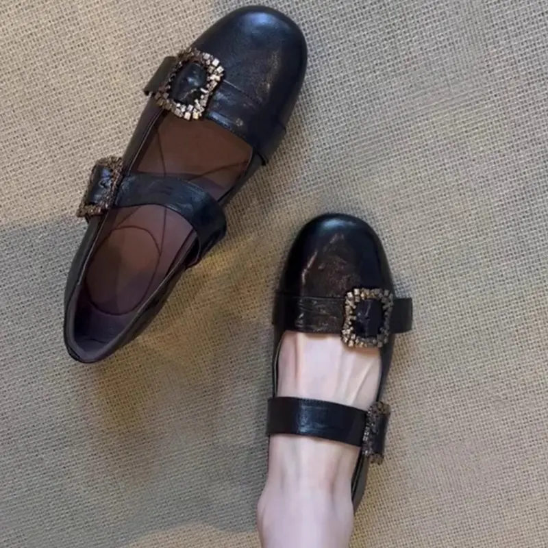 Spring Flat Shoes Women's Fashion Round Head Shallow Mouth Metal Buckle Soft Sole Non-slip Wear-resistant Single Shoes