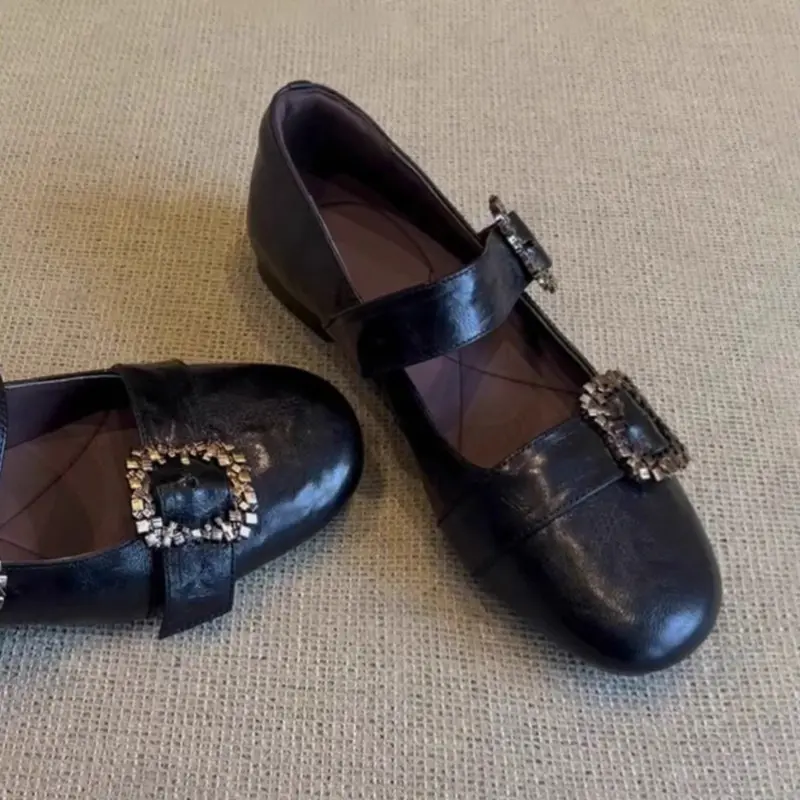 Spring Flat Shoes Women's Fashion Round Head Shallow Mouth Metal Buckle Soft Sole Non-slip Wear-resistant Single Shoes