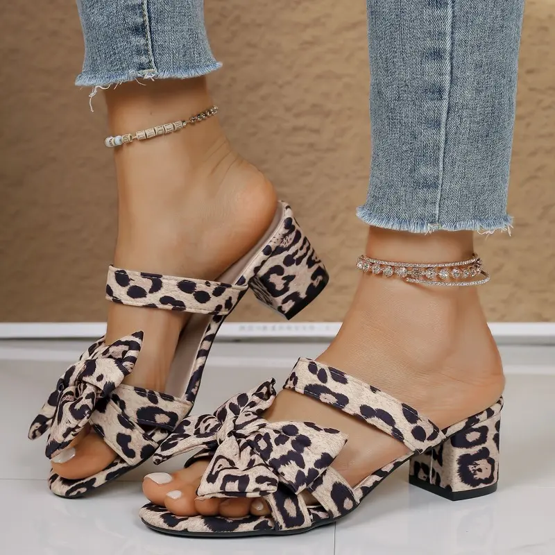 Women's Fashion Square Head Shallow Mouth Leopard Print Suede Butterfly Knot Anti-slip Wear-resistant High Heels