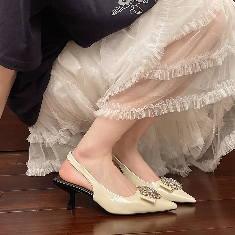 Women's Fashion Pointy Shallow Mouth Crystal Flower Butterfly Knot Set Foot Non-slip Heel Shoes Overhead Sandals