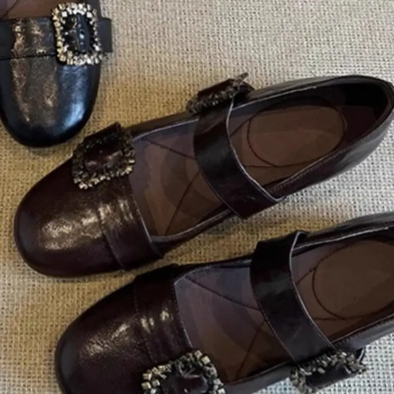 Spring Flat Shoes Women's Fashion Round Head Shallow Mouth Metal Buckle Soft Sole Non-slip Wear-resistant Single Shoes