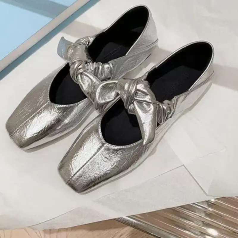 Fashion Flat Shoes Women's Spring Square Head Shallow Mouth Butterfly Knot Set Foot Soft Soles Non-slip Single Shoes