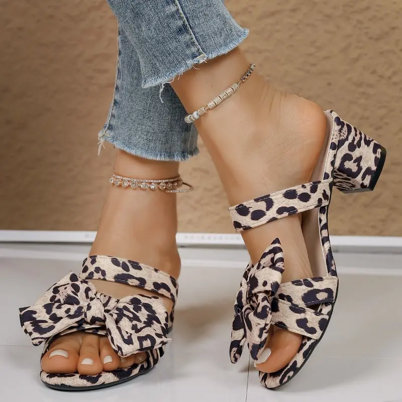 Women's Fashion Square Head Shallow Mouth Leopard Print Suede Butterfly Knot Anti-slip Wear-resistant High Heels