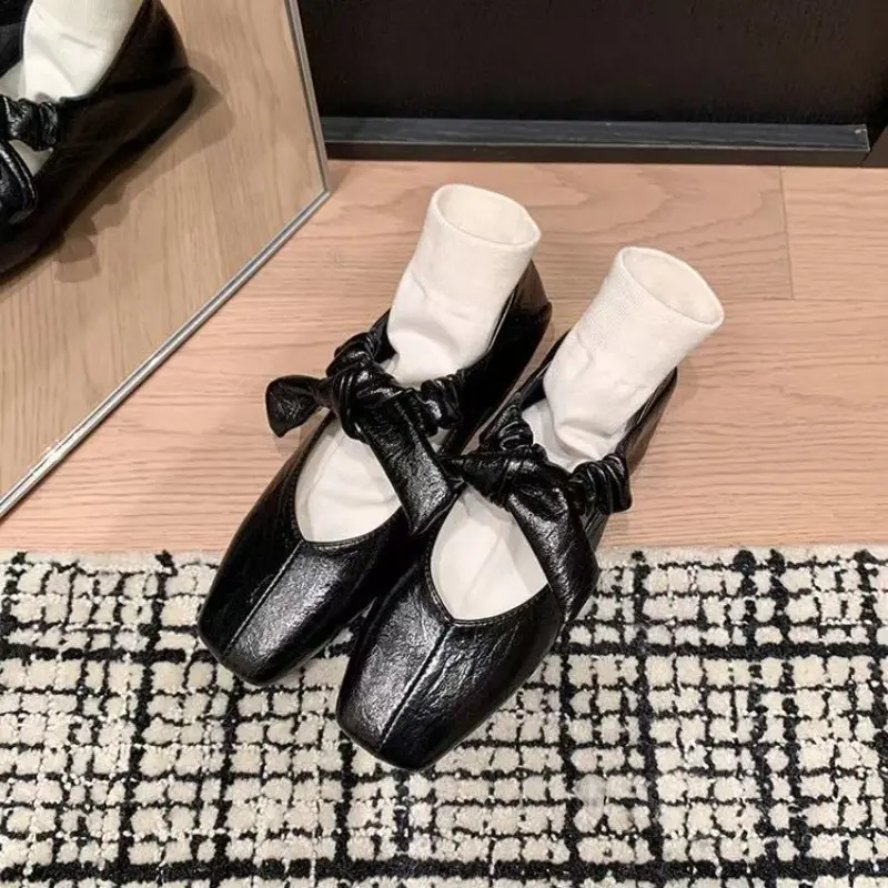 Fashion Flat Shoes Women's Spring Square Head Shallow Mouth Butterfly Knot Set Foot Soft Soles Non-slip Single Shoes