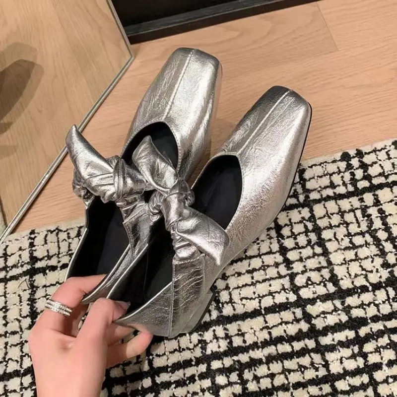 Fashion Flat Shoes Women's Spring Square Head Shallow Mouth Butterfly Knot Set Foot Soft Soles Non-slip Single Shoes