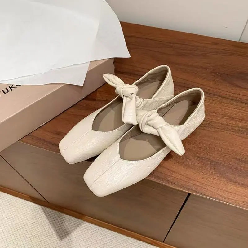 Fashion Flat Shoes Women's Spring Square Head Shallow Mouth Butterfly Knot Set Foot Soft Soles Non-slip Single Shoes