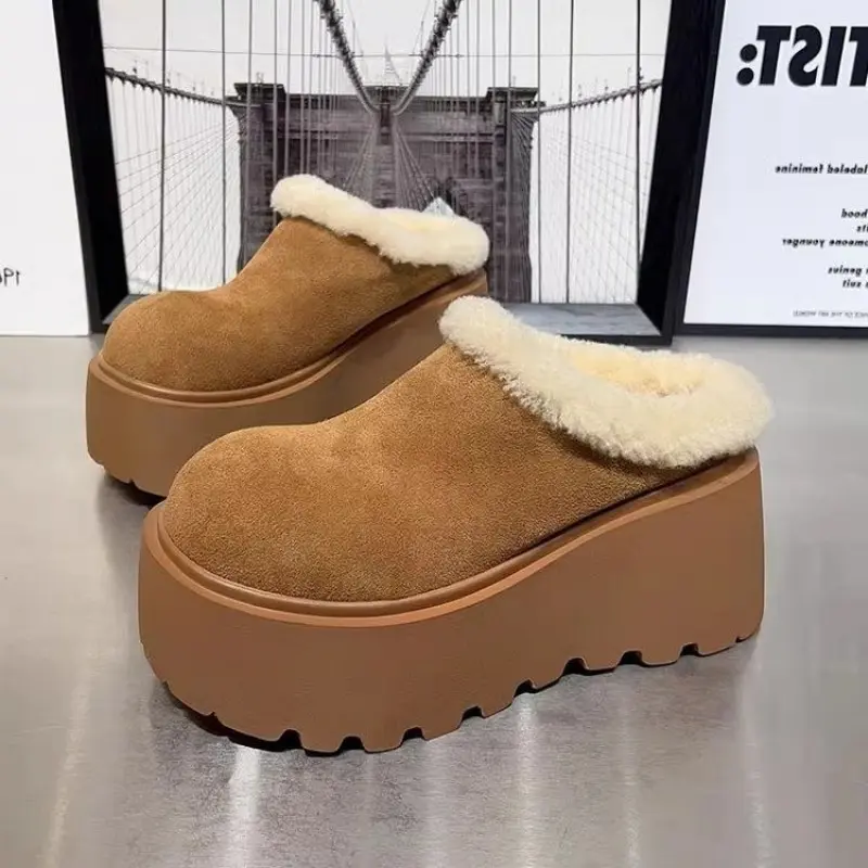 Winter New Baotou Slippers Women's Fashion Round Head Suede Slip-on Thick Soles Comfortable Slope Heel Shoes