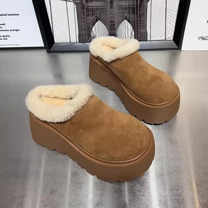 Winter New Baotou Slippers Women's Fashion Round Head Suede Slip-on Thick Soles Comfortable Slope Heel Shoes