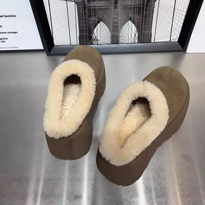Winter New Baotou Slippers Women's Fashion Round Head Suede Slip-on Thick Soles Comfortable Slope Heel Shoes