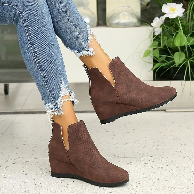 Women's Fashion Slope Heel Cotton Boots Winter New Round Head Sleeve Anti-slip Wear-resistant Short Boots