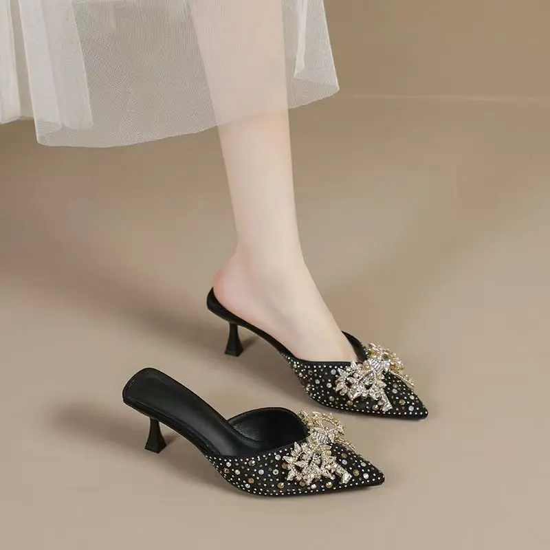 Temperament High Heels Summer New Pointy Head Shallow Mouth Glitter Butterfly Knot Set Foot Anti-slip Wear-resistant High Heels