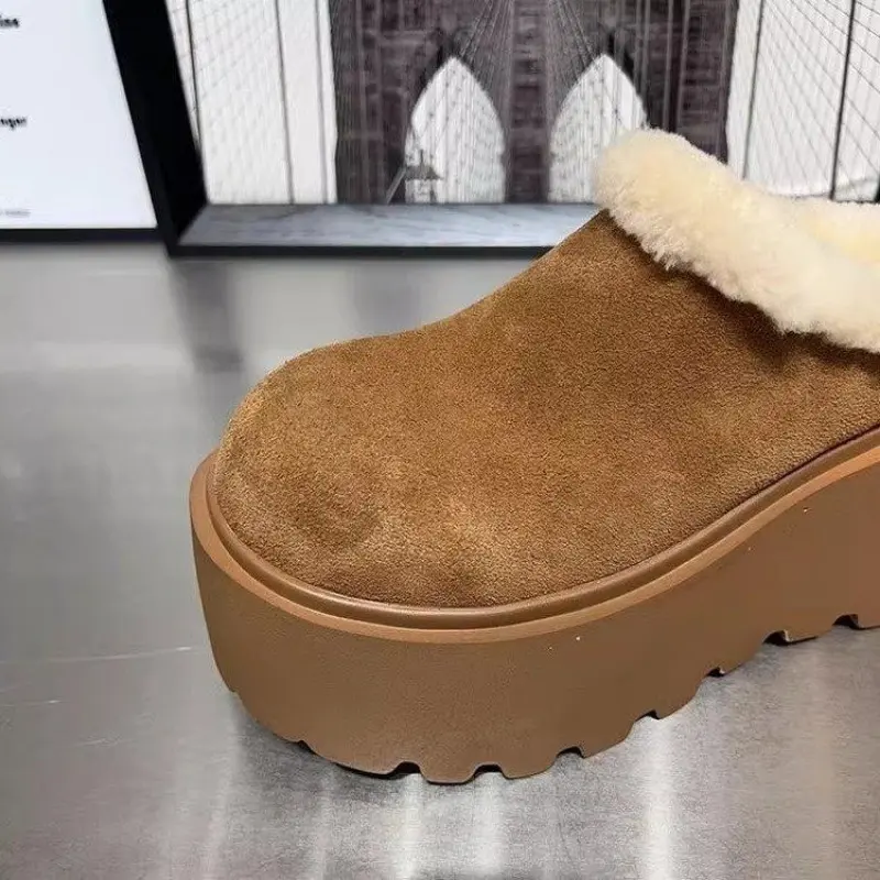 Winter New Baotou Slippers Women's Fashion Round Head Suede Slip-on Thick Soles Comfortable Slope Heel Shoes