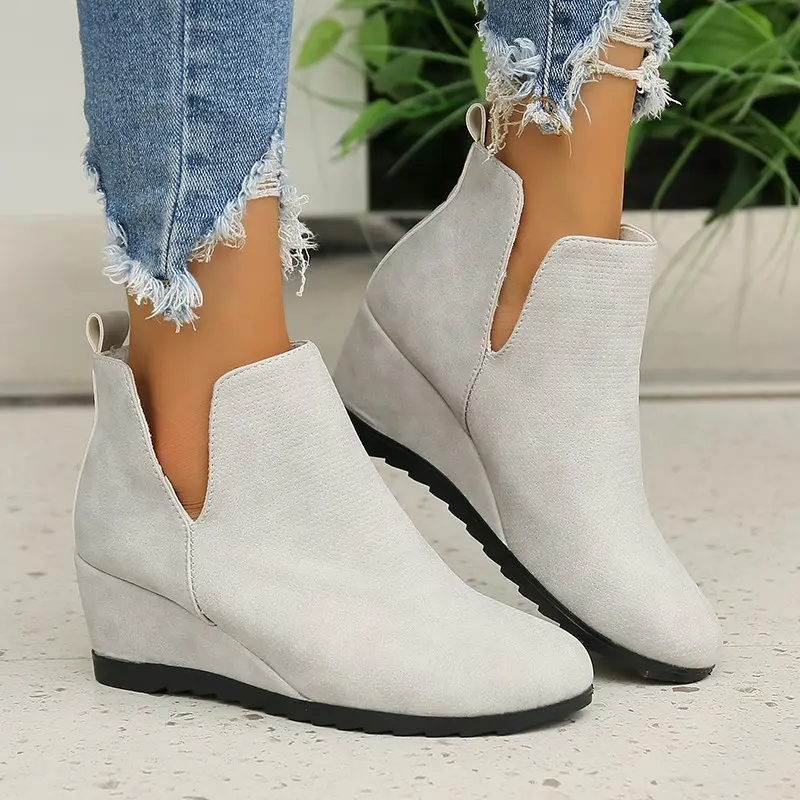 Women's Fashion Slope Heel Cotton Boots Winter New Round Head Sleeve Anti-slip Wear-resistant Short Boots