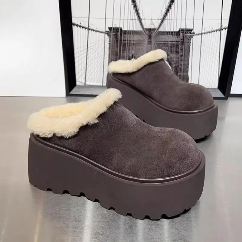 Winter New Baotou Slippers Women's Fashion Round Head Suede Slip-on Thick Soles Comfortable Slope Heel Shoes