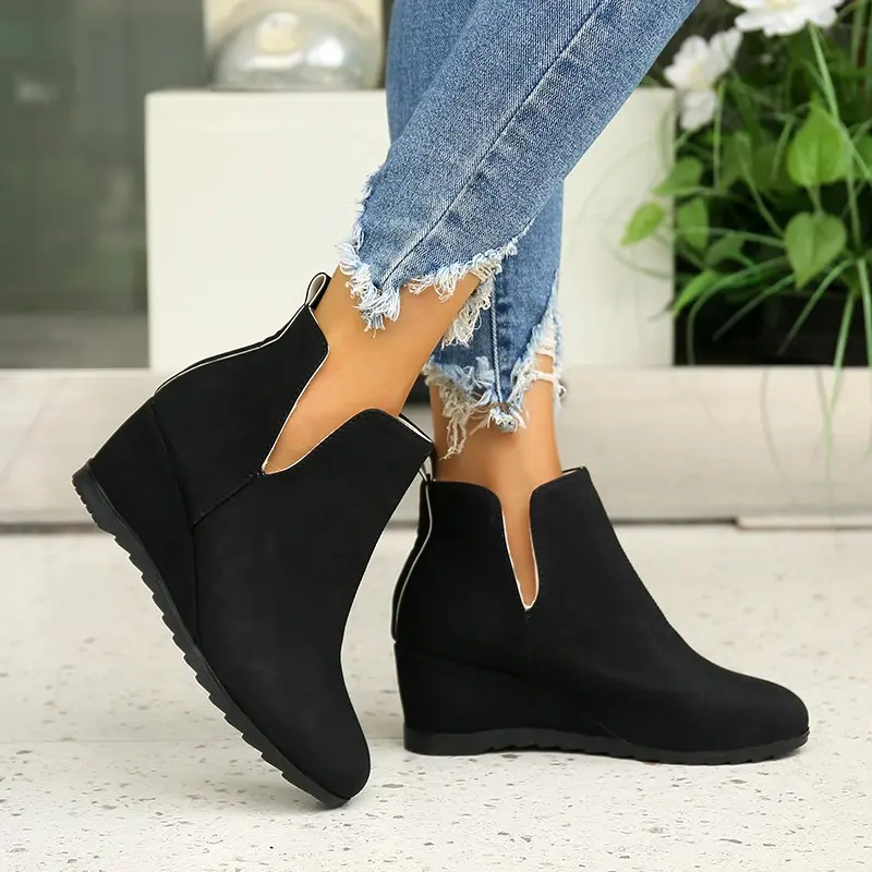 Women's Fashion Slope Heel Cotton Boots Winter New Round Head Sleeve Anti-slip Wear-resistant Short Boots