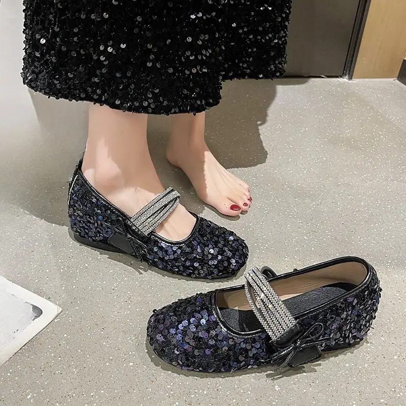 Fall New Sequin Mary Jane Shoes Women's Fashion Round Toe Bow One Strap Soft Sole Non-slip Inside Heightening Single Shoes
