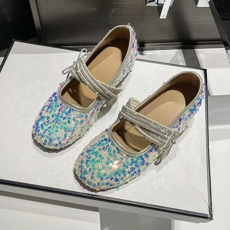 Fall New Sequin Mary Jane Shoes Women's Fashion Round Toe Bow One Strap Soft Sole Non-slip Inside Heightening Single Shoes
